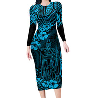 Hawaii King Kamehameha Family Matching Long Sleeve Bodycon Dress and Hawaiian Shirt Polynesian Pattern Sky Blue Version LT01 Mom's Dress Blue - Polynesian Pride
