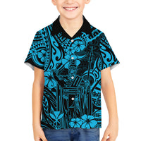 Hawaii King Kamehameha Family Matching Off Shoulder Long Sleeve Dress and Hawaiian Shirt Polynesian Pattern Sky Blue Version LT01 Son's Shirt Blue - Polynesian Pride