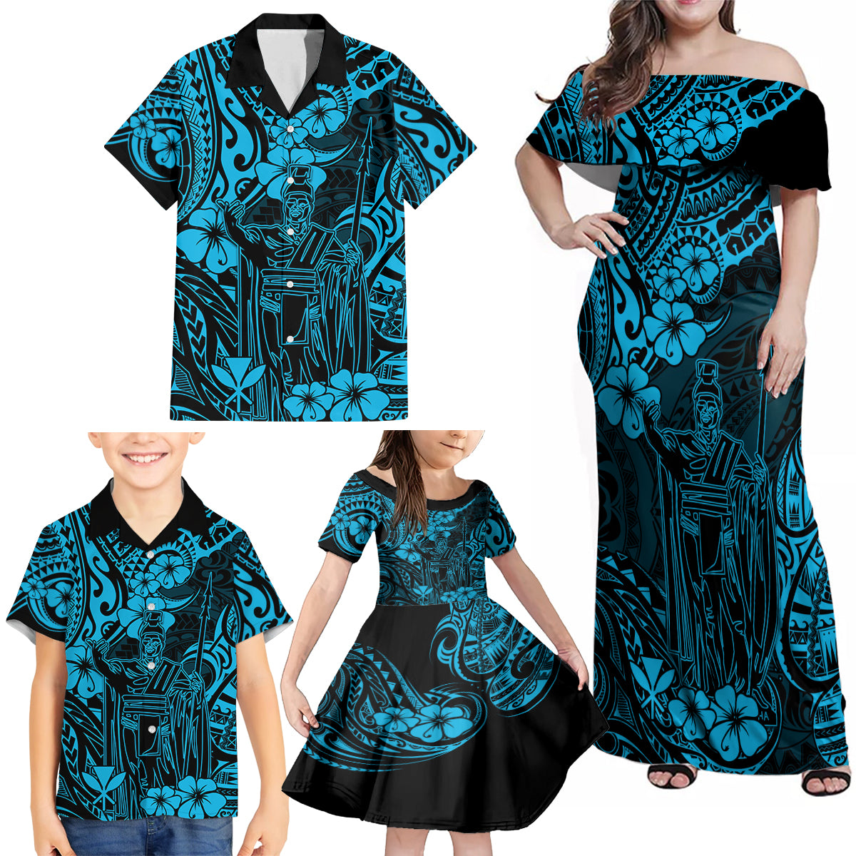 Hawaii King Kamehameha Family Matching Off Shoulder Maxi Dress and Hawaiian Shirt Polynesian Pattern Sky Blue Version LT01 - Polynesian Pride