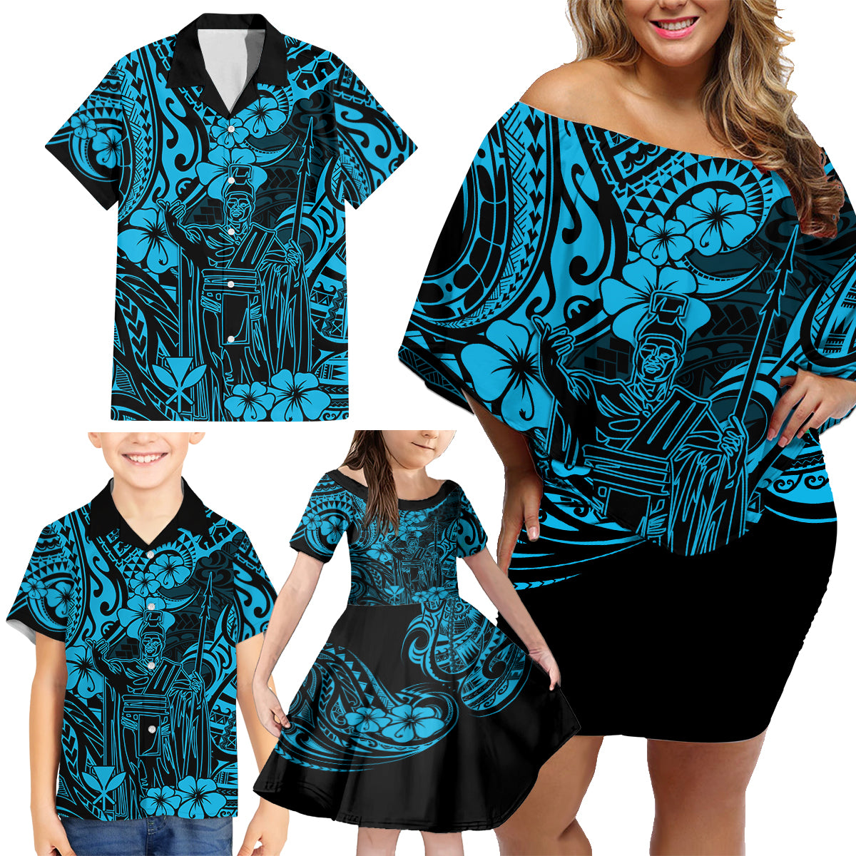 Hawaii King Kamehameha Family Matching Off Shoulder Short Dress and Hawaiian Shirt Polynesian Pattern Sky Blue Version LT01 - Polynesian Pride