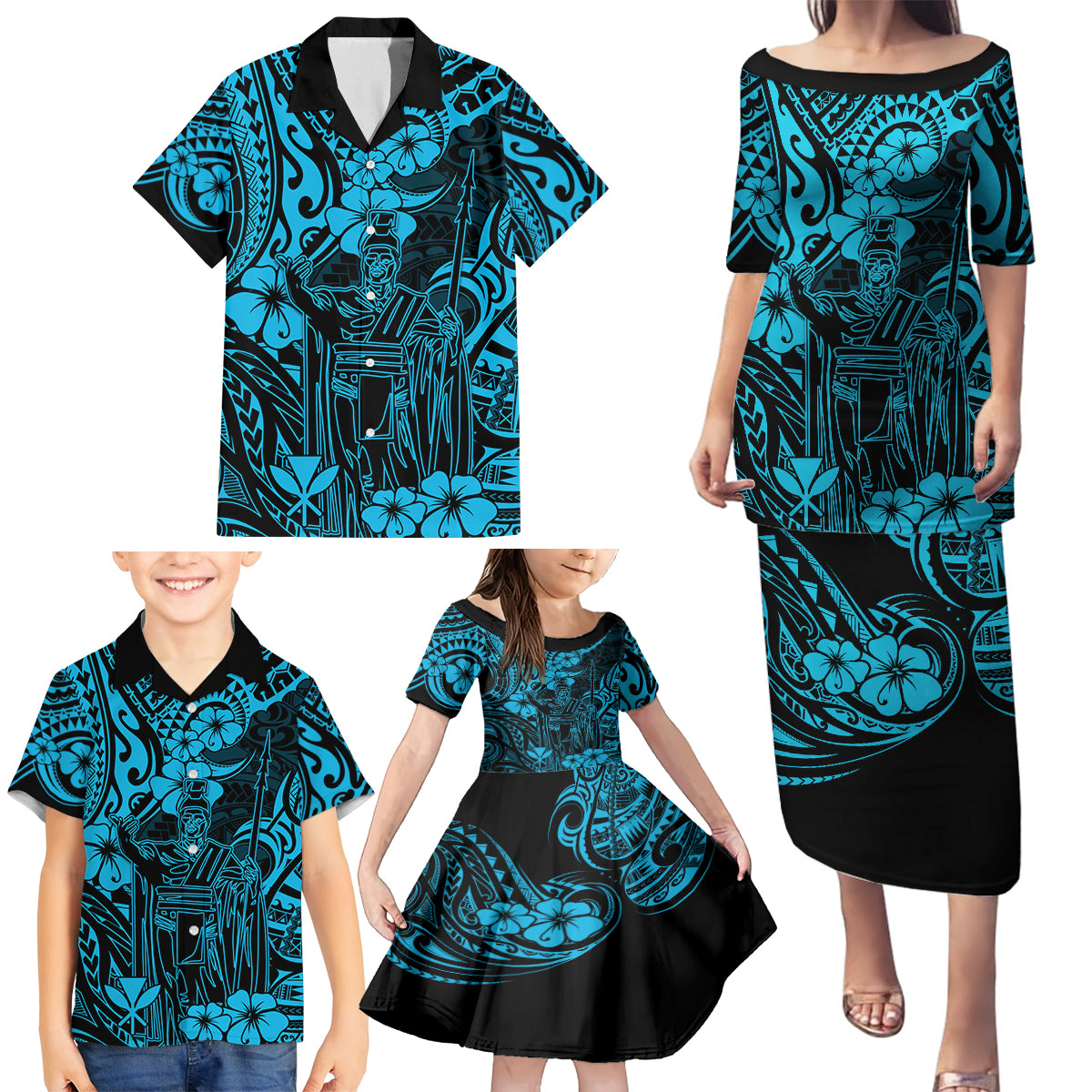 Hawaii King Kamehameha Family Matching Puletasi Dress and Hawaiian Shirt Polynesian Pattern Sky Blue Version LT01 - Polynesian Pride