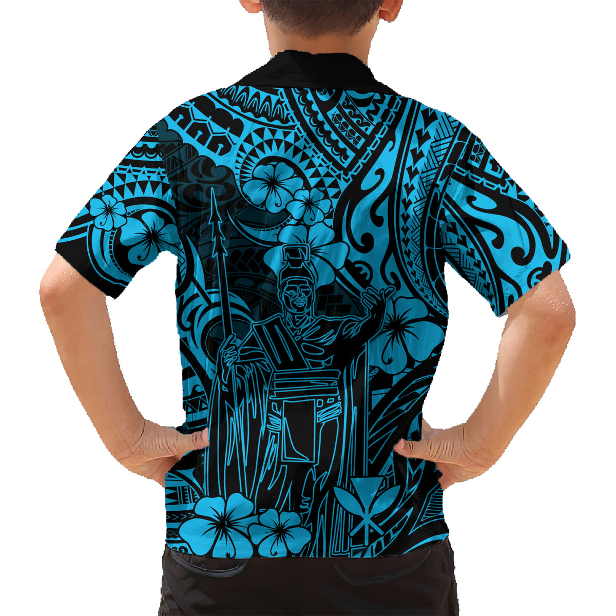 Hawaii King Kamehameha Family Matching Short Sleeve Bodycon Dress and Hawaiian Shirt Polynesian Pattern Sky Blue Version LT01 - Polynesian Pride
