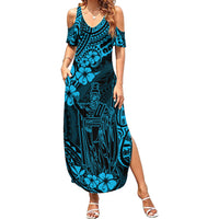 Hawaii King Kamehameha Family Matching Summer Maxi Dress and Hawaiian Shirt Polynesian Pattern Sky Blue Version LT01 Mom's Dress Blue - Polynesian Pride
