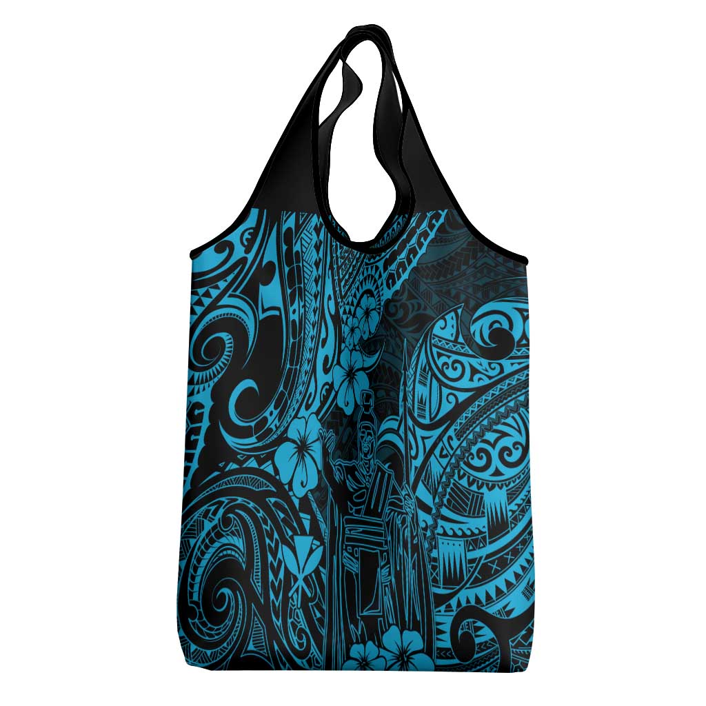 Hawaii King Kamehameha Grocery Bag Polynesian Pattern Sky Blue Version