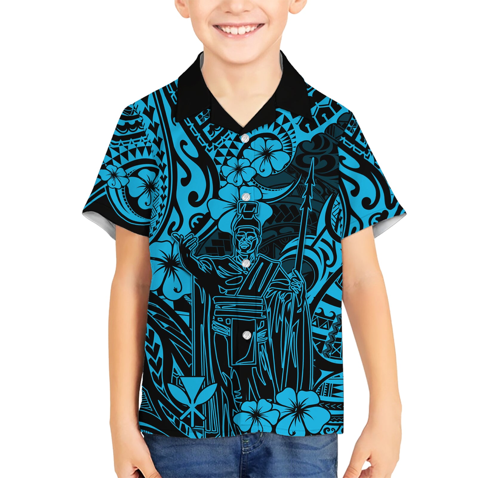 Hawaii King Kamehameha Kid Hawaiian Shirt Polynesian Pattern Sky Blue Version LT01 Kid Blue - Polynesian Pride