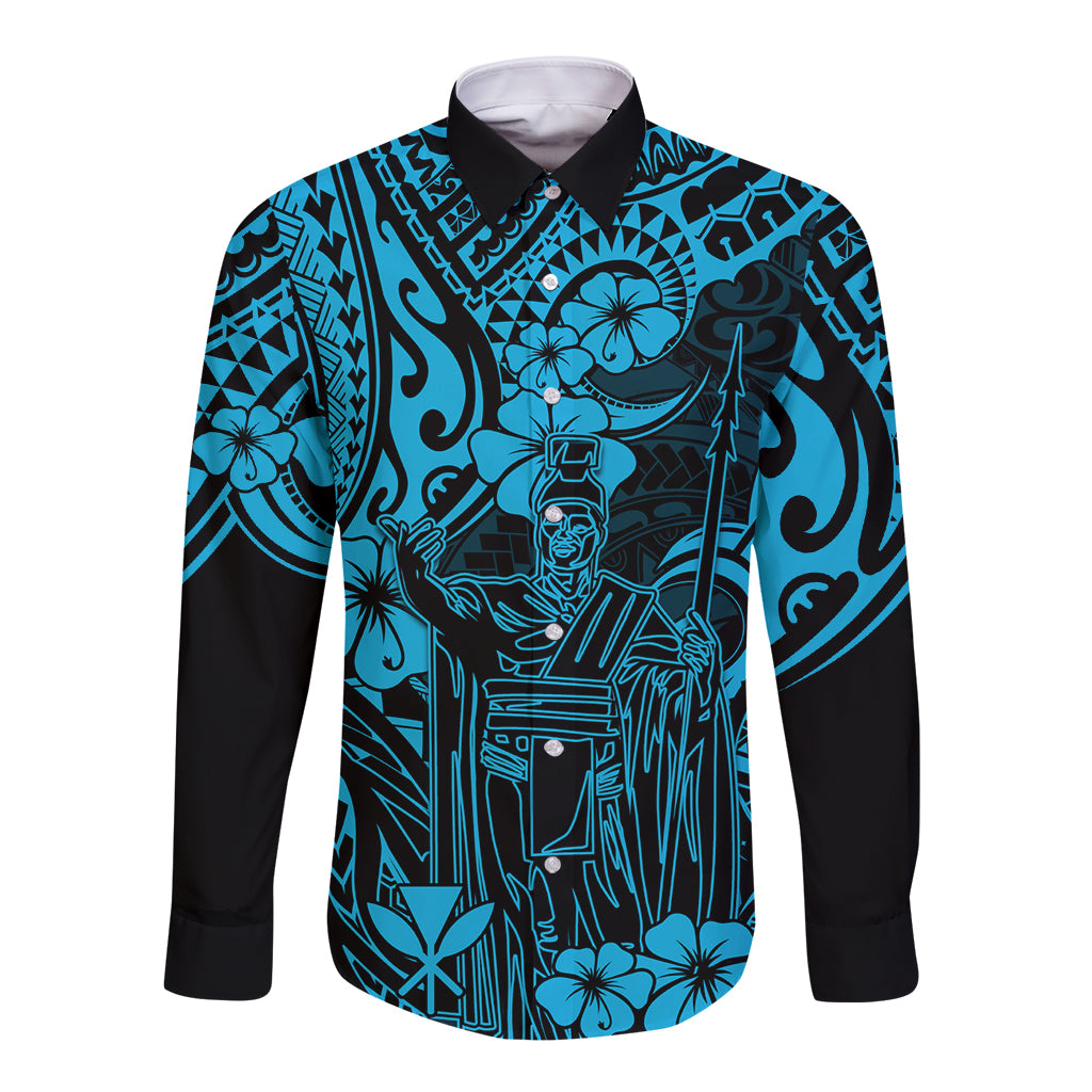Hawaii King Kamehameha Long Sleeve Button Shirt Polynesian Pattern Sky Blue Version LT01 Unisex Blue - Polynesian Pride