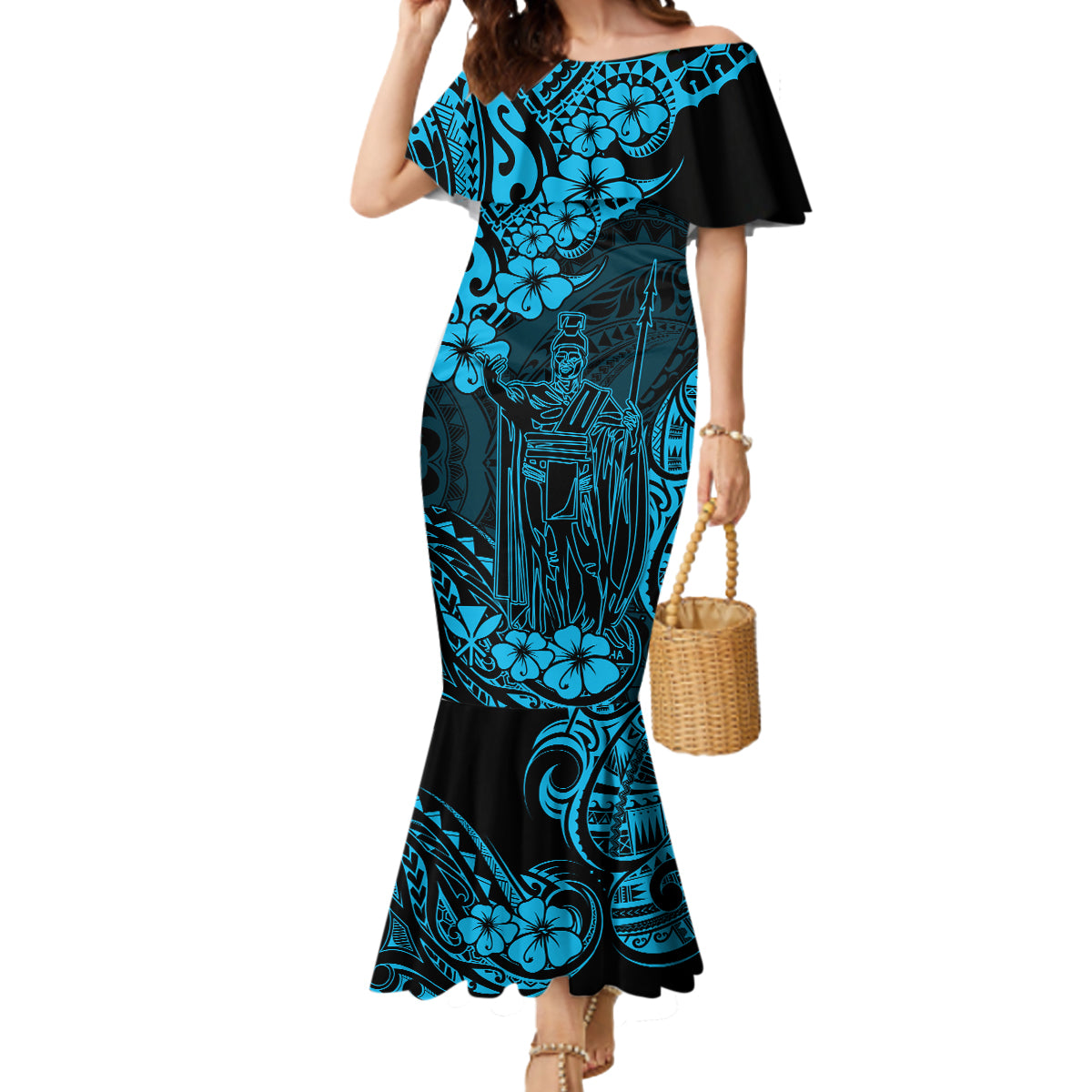 Hawaii King Kamehameha Mermaid Dress Polynesian Pattern Sky Blue Version LT01 Women Blue - Polynesian Pride