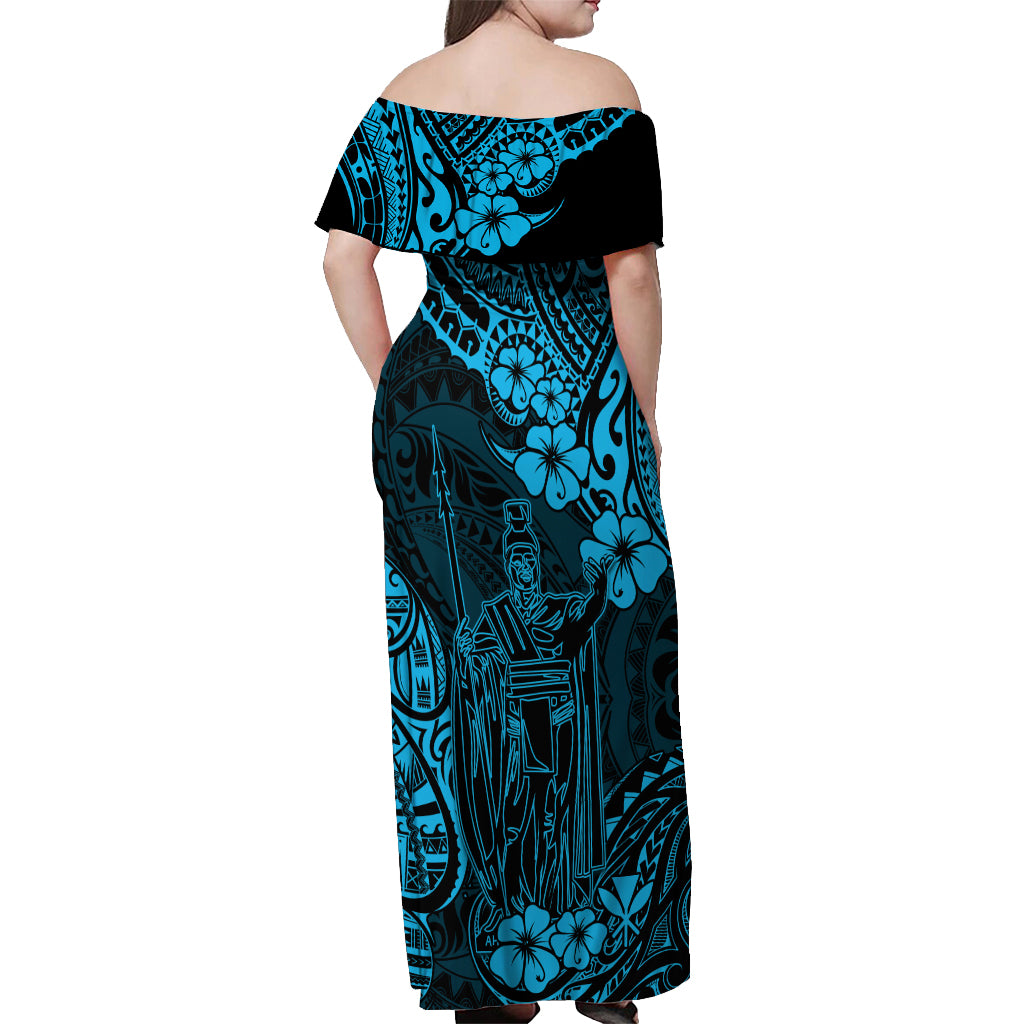 Hawaii King Kamehameha Off Shoulder Maxi Dress Polynesian Pattern Sky Blue Version LT01 - Polynesian Pride