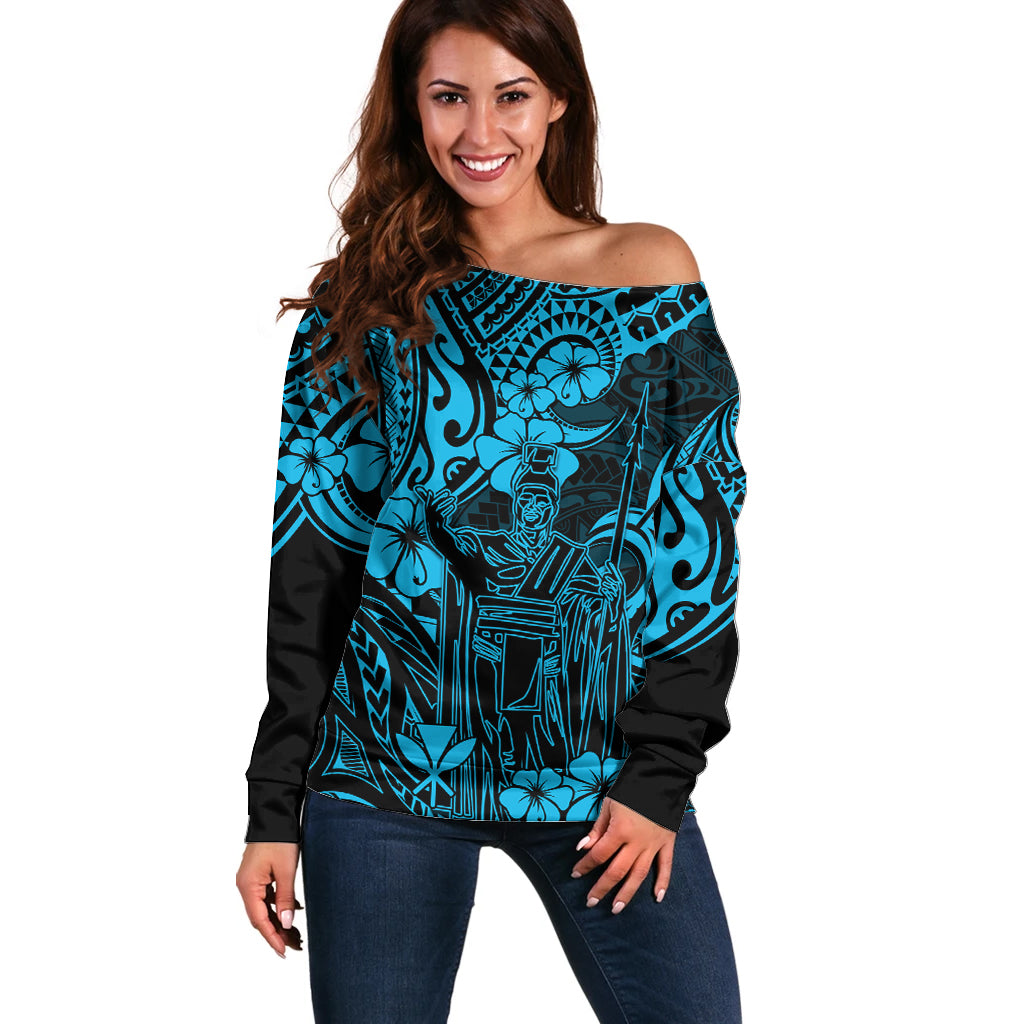 Hawaii King Kamehameha Off Shoulder Sweater Polynesian Pattern Sky Blue Version LT01 Women Blue - Polynesian Pride