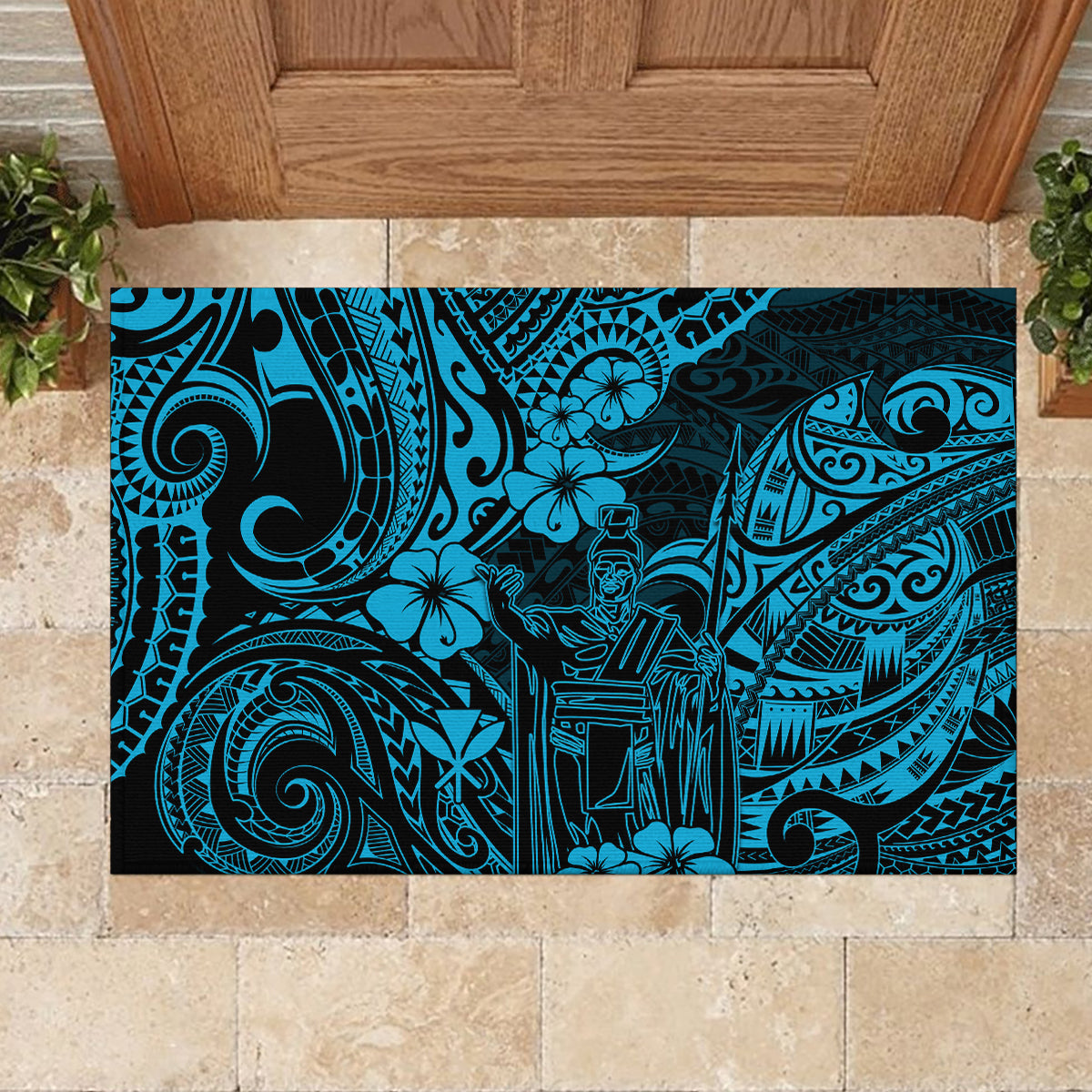 Hawaii King Kamehameha Rubber Doormat Polynesian Pattern Sky Blue Version LT01 - Polynesian Pride