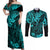 Hawaii King Kamehameha Couples Matching Off Shoulder Maxi Dress and Long Sleeve Button Shirts Polynesian Pattern Turquoise Version LT01 Turquoise - Polynesian Pride