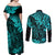 Hawaii King Kamehameha Couples Matching Off Shoulder Maxi Dress and Long Sleeve Button Shirts Polynesian Pattern Turquoise Version LT01 - Polynesian Pride