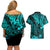 Hawaii King Kamehameha Couples Matching Off Shoulder Short Dress and Hawaiian Shirt Polynesian Pattern Turquoise Version LT01 - Polynesian Pride