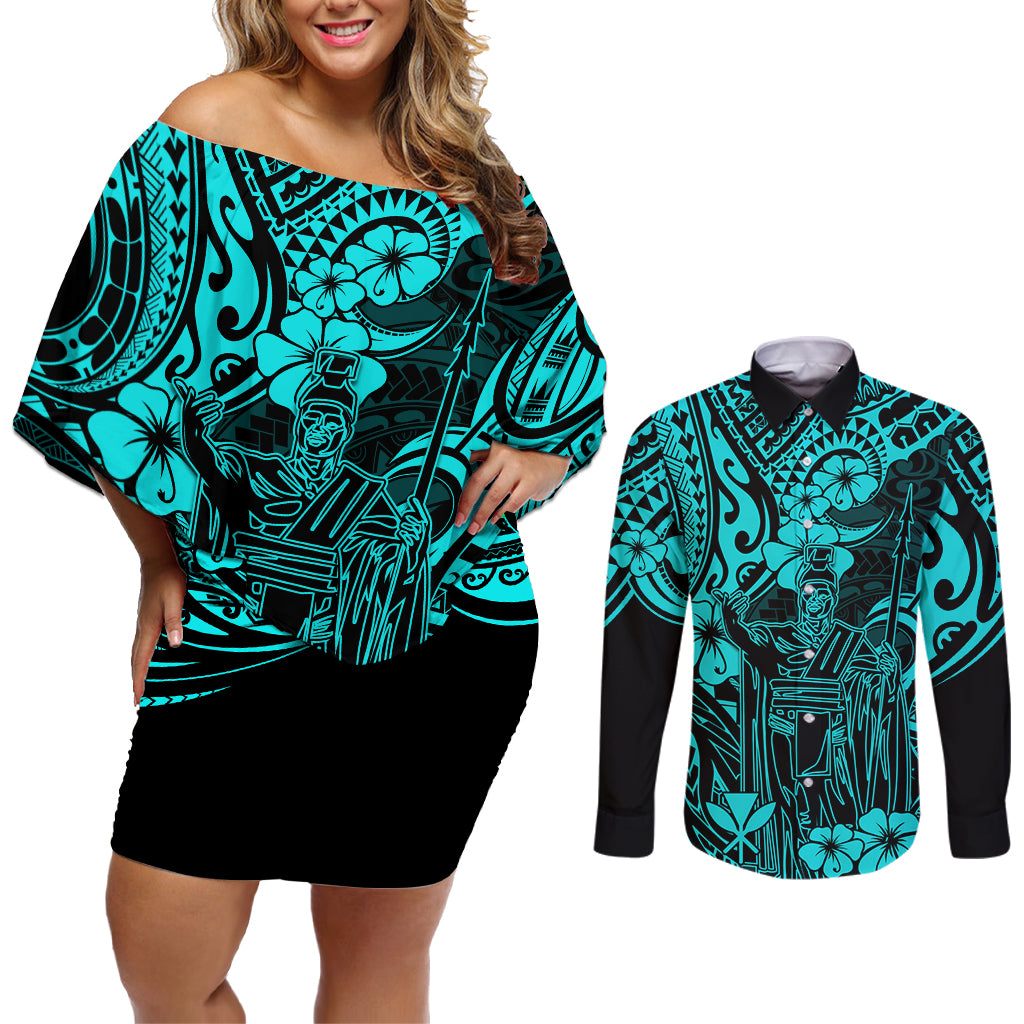 Hawaii King Kamehameha Couples Matching Off Shoulder Short Dress and Long Sleeve Button Shirts Polynesian Pattern Turquoise Version LT01 Turquoise - Polynesian Pride