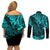 Hawaii King Kamehameha Couples Matching Off Shoulder Short Dress and Long Sleeve Button Shirts Polynesian Pattern Turquoise Version LT01 - Polynesian Pride