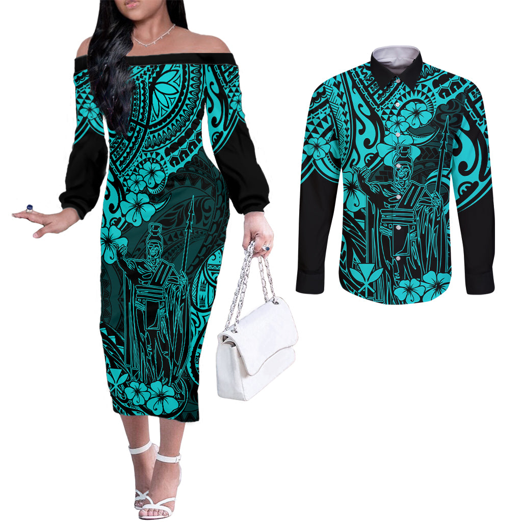 Hawaii King Kamehameha Couples Matching Off The Shoulder Long Sleeve Dress and Long Sleeve Button Shirts Polynesian Pattern Turquoise Version LT01 Turquoise - Polynesian Pride