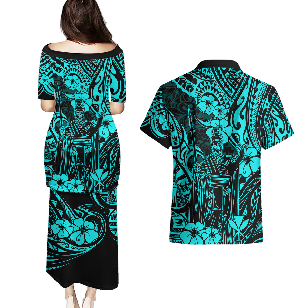 Hawaii King Kamehameha Couples Matching Puletasi Dress and Hawaiian Shirt Polynesian Pattern Turquoise Version LT01 - Polynesian Pride