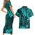 Hawaii King Kamehameha Couples Matching Short Sleeve Bodycon Dress and Hawaiian Shirt Polynesian Pattern Turquoise Version LT01 - Polynesian Pride