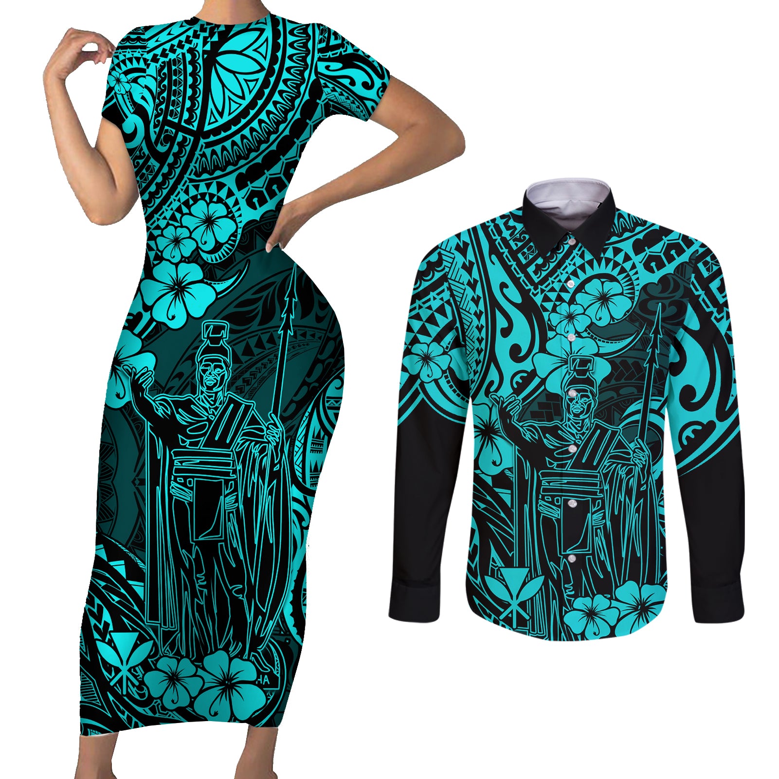 Hawaii King Kamehameha Couples Matching Short Sleeve Bodycon Dress and Long Sleeve Button Shirts Polynesian Pattern Turquoise Version LT01 Turquoise - Polynesian Pride