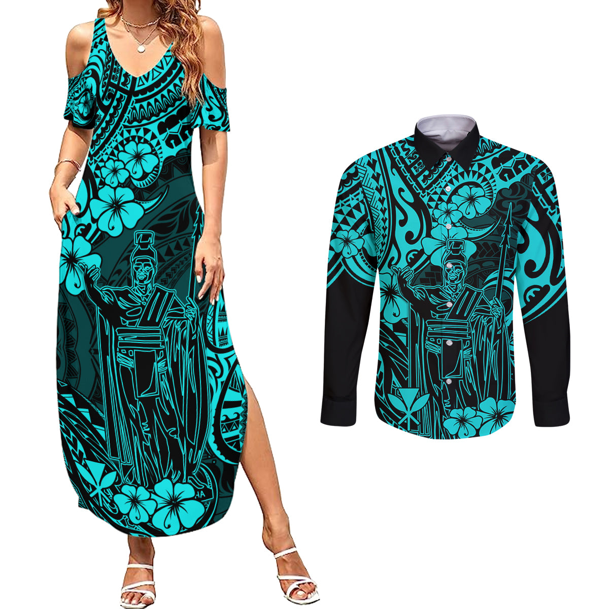 Hawaii King Kamehameha Couples Matching Summer Maxi Dress and Long Sleeve Button Shirts Polynesian Pattern Turquoise Version LT01 Turquoise - Polynesian Pride