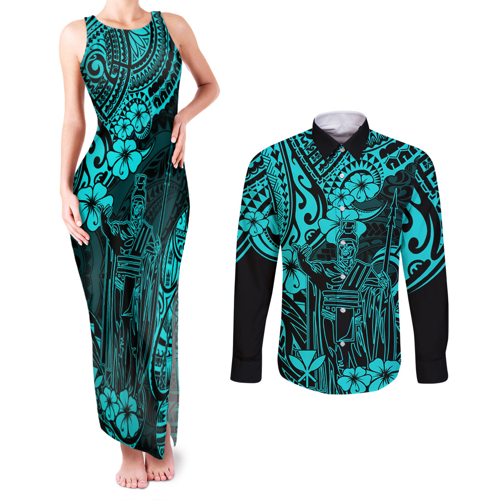 Hawaii King Kamehameha Couples Matching Tank Maxi Dress and Long Sleeve Button Shirts Polynesian Pattern Turquoise Version LT01 Turquoise - Polynesian Pride