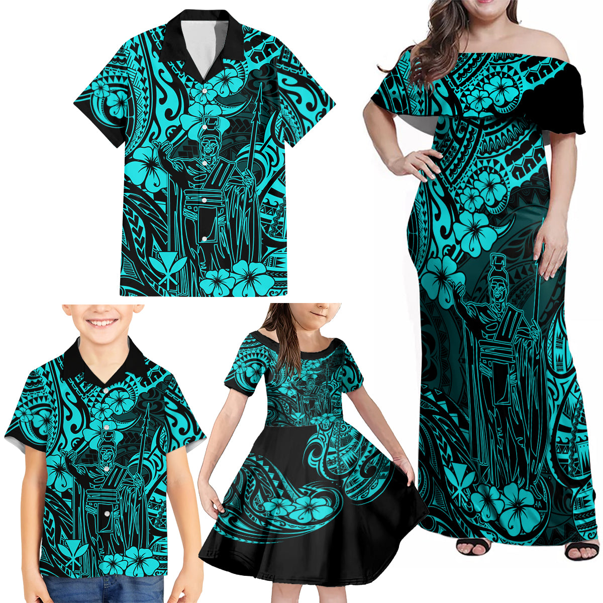 Hawaii King Kamehameha Family Matching Off Shoulder Maxi Dress and Hawaiian Shirt Polynesian Pattern Turquoise Version LT01 - Polynesian Pride
