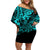 Hawaii King Kamehameha Family Matching Off Shoulder Short Dress and Hawaiian Shirt Polynesian Pattern Turquoise Version LT01 Mom's Dress Turquoise - Polynesian Pride