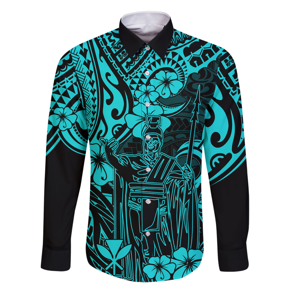 Hawaii King Kamehameha Family Matching Short Sleeve Bodycon Dress and Hawaiian Shirt Polynesian Pattern Turquoise Version LT01 Dad's Shirt - Long Sleeve Turquoise - Polynesian Pride