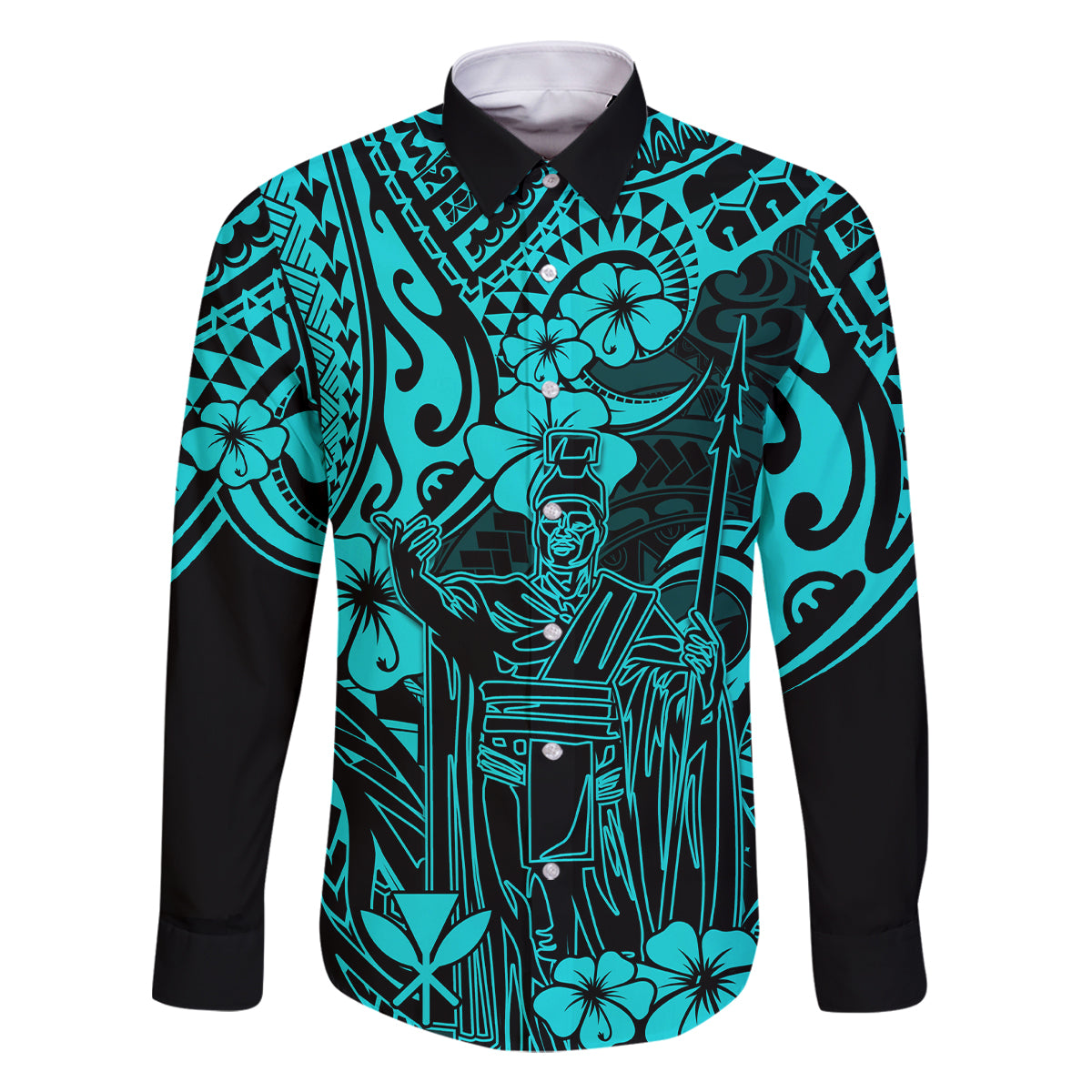 Hawaii King Kamehameha Family Matching Summer Maxi Dress and Hawaiian Shirt Polynesian Pattern Turquoise Version LT01 Dad's Shirt - Long Sleeve Turquoise - Polynesian Pride