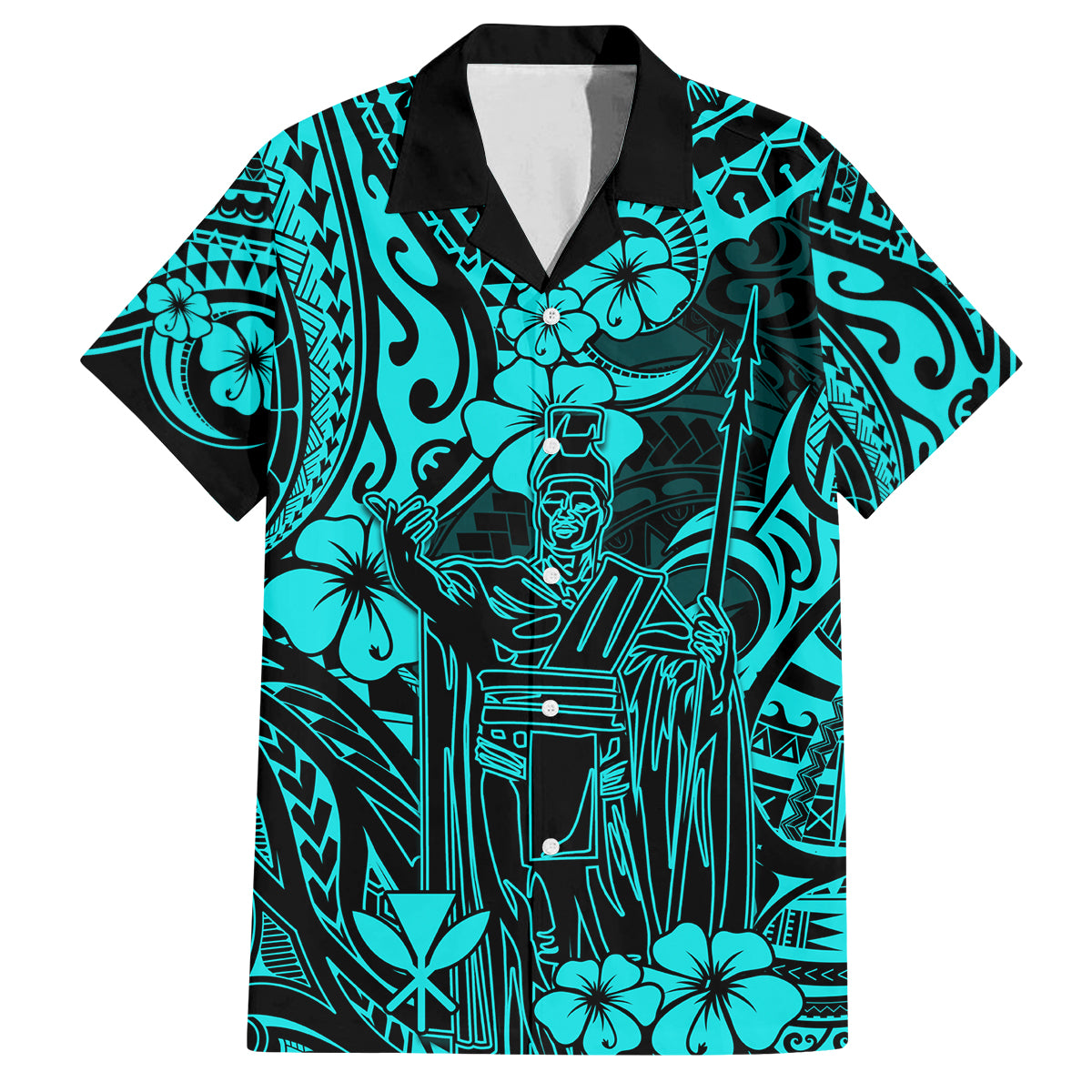 Hawaii King Kamehameha Family Matching Tank Maxi Dress and Hawaiian Shirt Polynesian Pattern Turquoise Version LT01 Dad's Shirt - Short Sleeve Turquoise - Polynesian Pride