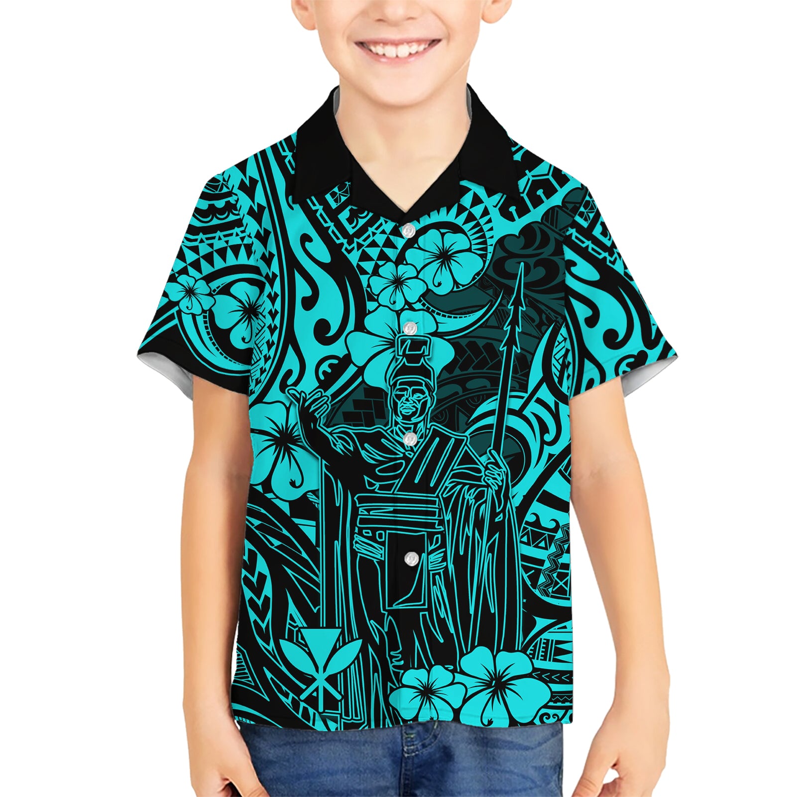 Hawaii King Kamehameha Kid Hawaiian Shirt Polynesian Pattern Turquoise Version LT01 Kid Turquoise - Polynesian Pride