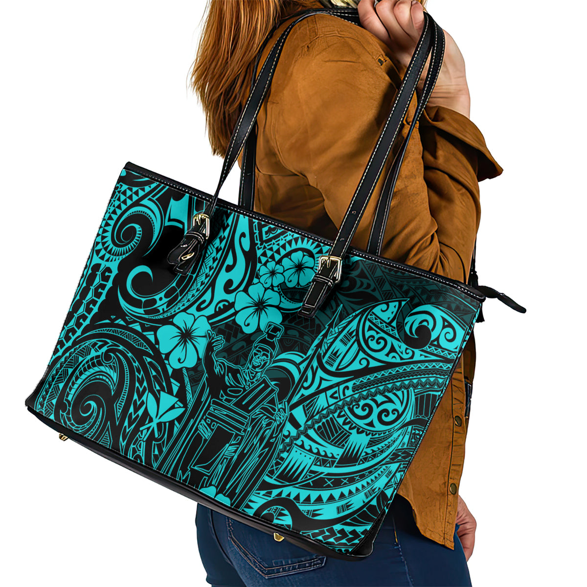 Hawaii King Kamehameha Leather Tote Bag Polynesian Pattern Turquoise Version LT01 - Polynesian Pride