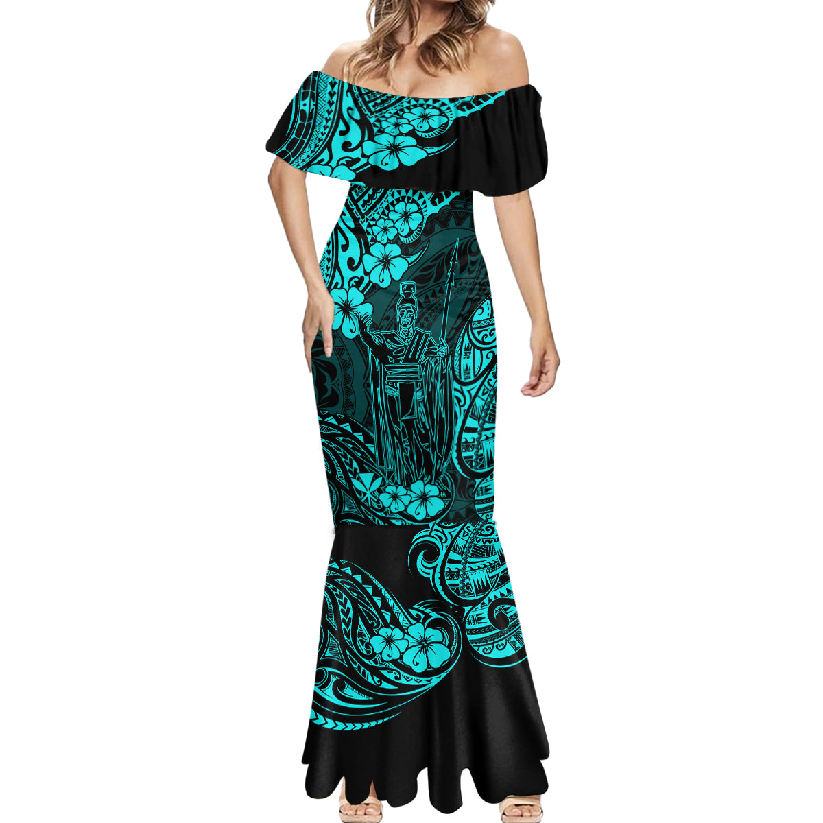 Hawaii King Kamehameha Mermaid Dress Polynesian Pattern Turquoise Version LT01 - Polynesian Pride