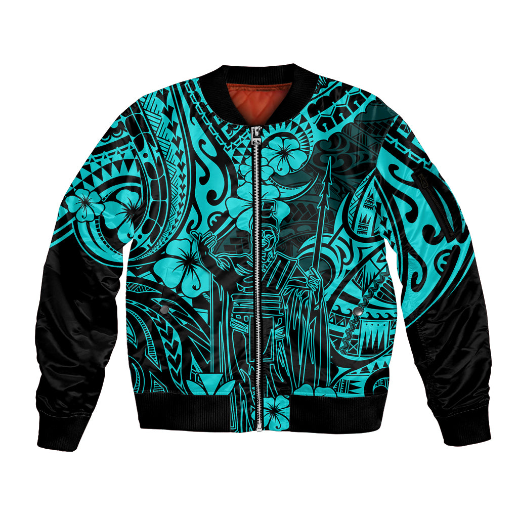 Hawaii King Kamehameha Sleeve Zip Bomber Jacket Polynesian Pattern Turquoise Version LT01 Unisex Turquoise - Polynesian Pride