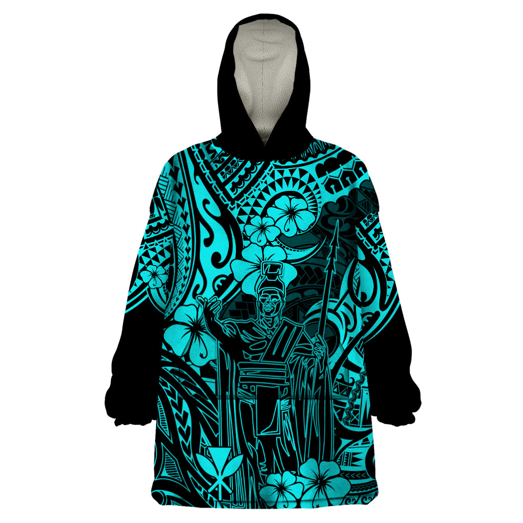 Hawaii King Kamehameha Wearable Blanket Hoodie Polynesian Pattern Turquoise Version LT01 One Size Turquoise - Polynesian Pride
