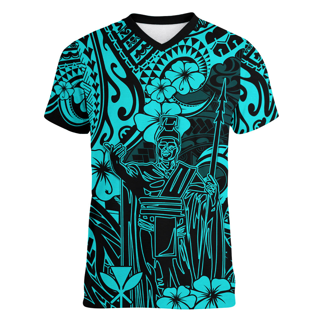 Hawaii King Kamehameha Women V Neck T Shirt Polynesian Pattern Turquoise Version LT01 Female Turquoise - Polynesian Pride