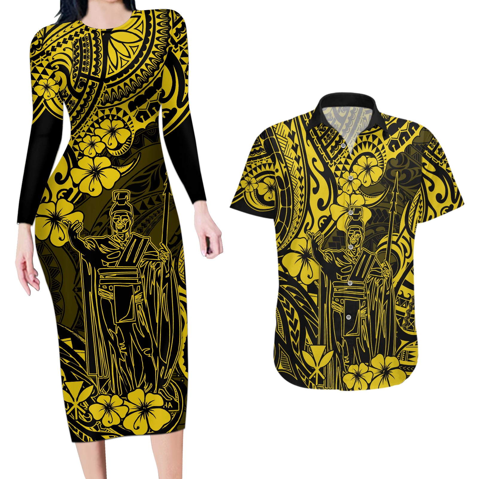 Hawaii King Kamehameha Couples Matching Long Sleeve Bodycon Dress and Hawaiian Shirt Polynesian Pattern Yellow Version LT01 Yellow - Polynesian Pride