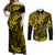 Hawaii King Kamehameha Couples Matching Off Shoulder Maxi Dress and Long Sleeve Button Shirts Polynesian Pattern Yellow Version LT01 Yellow - Polynesian Pride