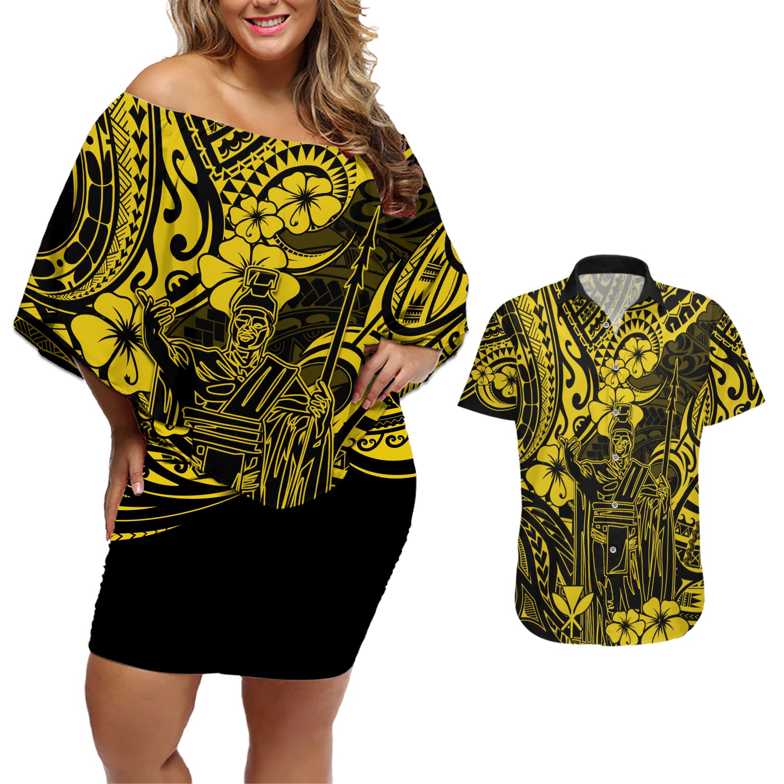 Hawaii King Kamehameha Couples Matching Off Shoulder Short Dress and Hawaiian Shirt Polynesian Pattern Yellow Version LT01 Yellow - Polynesian Pride