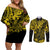 Hawaii King Kamehameha Couples Matching Off Shoulder Short Dress and Long Sleeve Button Shirts Polynesian Pattern Yellow Version LT01 Yellow - Polynesian Pride