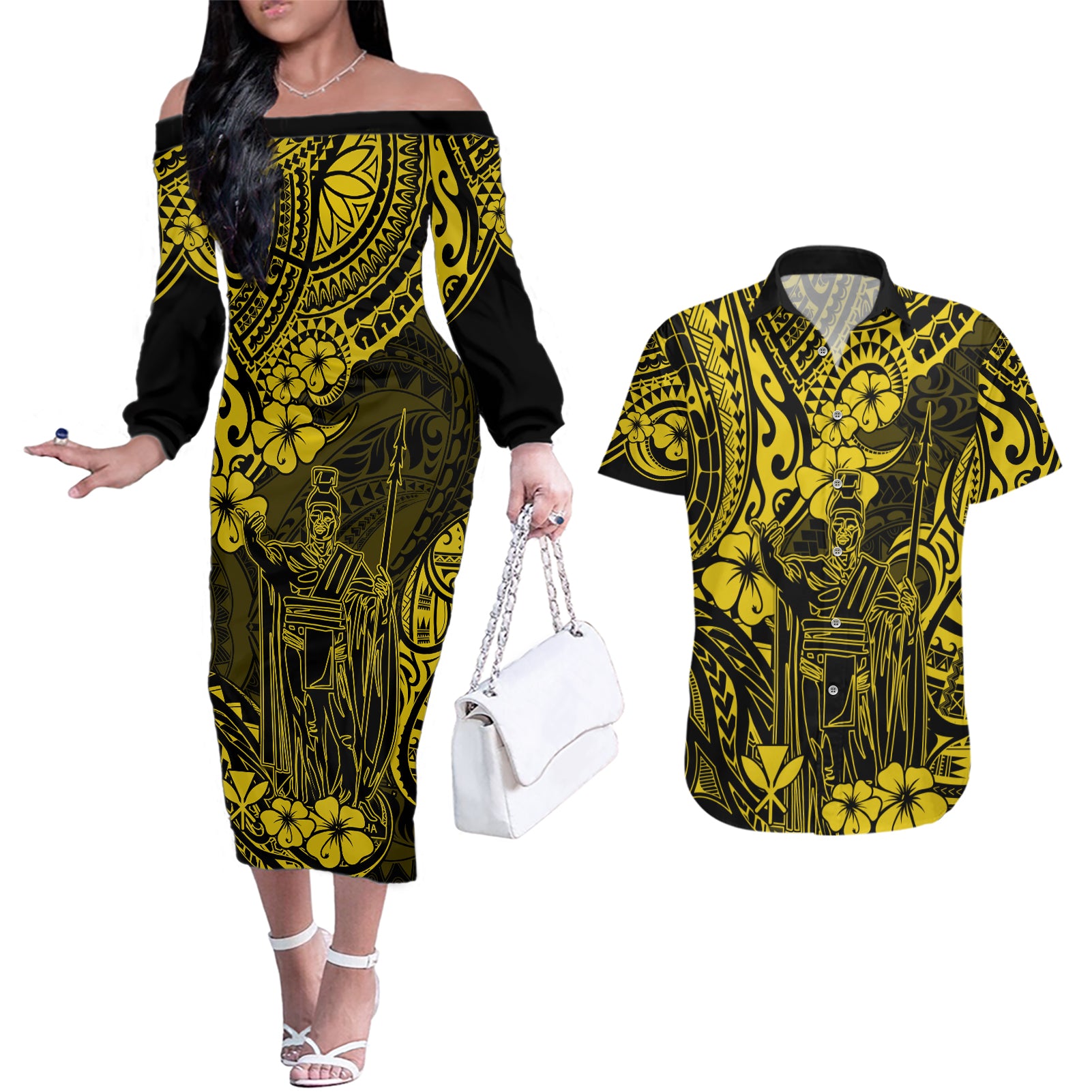 Hawaii King Kamehameha Couples Matching Off The Shoulder Long Sleeve Dress and Hawaiian Shirt Polynesian Pattern Yellow Version LT01 Yellow - Polynesian Pride