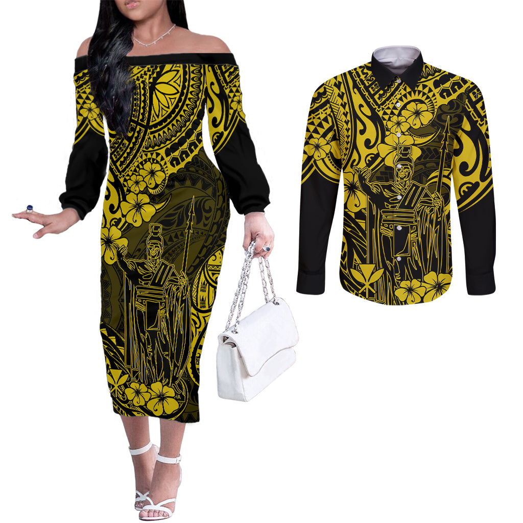 Hawaii King Kamehameha Couples Matching Off The Shoulder Long Sleeve Dress and Long Sleeve Button Shirts Polynesian Pattern Yellow Version LT01 Yellow - Polynesian Pride