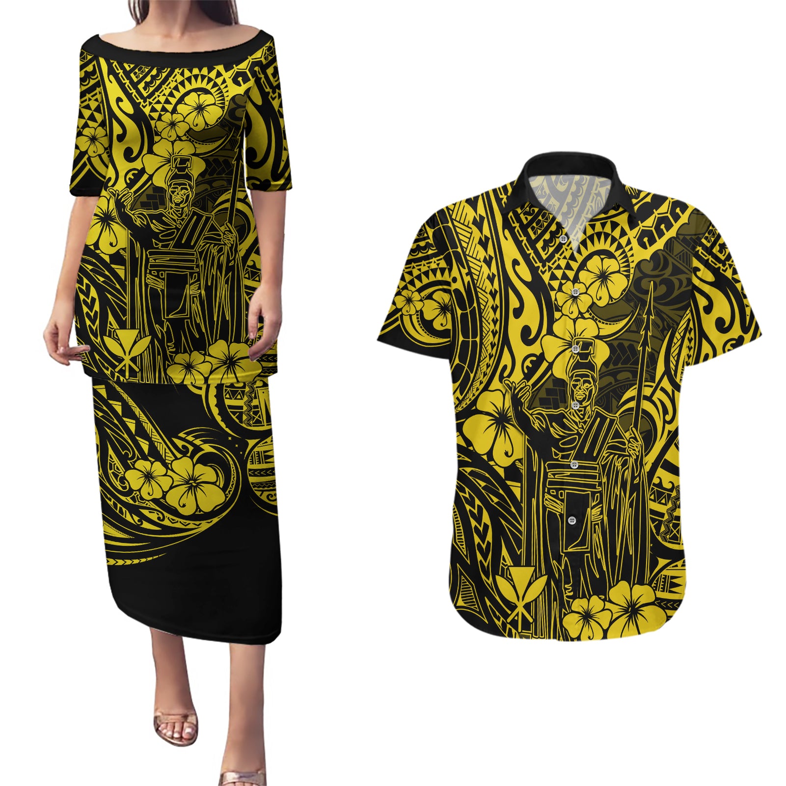 Hawaii King Kamehameha Couples Matching Puletasi Dress and Hawaiian Shirt Polynesian Pattern Yellow Version LT01 Yellow - Polynesian Pride