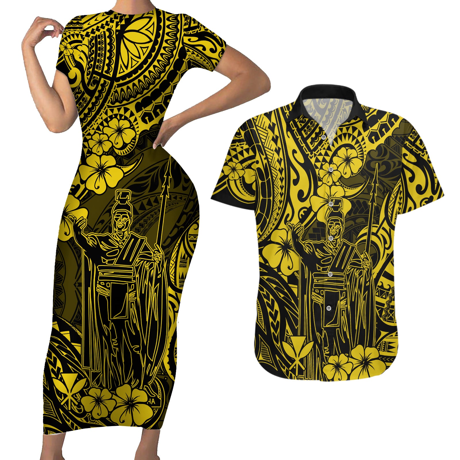 Hawaii King Kamehameha Couples Matching Short Sleeve Bodycon Dress and Hawaiian Shirt Polynesian Pattern Yellow Version LT01 Yellow - Polynesian Pride