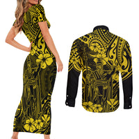 Hawaii King Kamehameha Couples Matching Short Sleeve Bodycon Dress and Long Sleeve Button Shirts Polynesian Pattern Yellow Version LT01 - Polynesian Pride