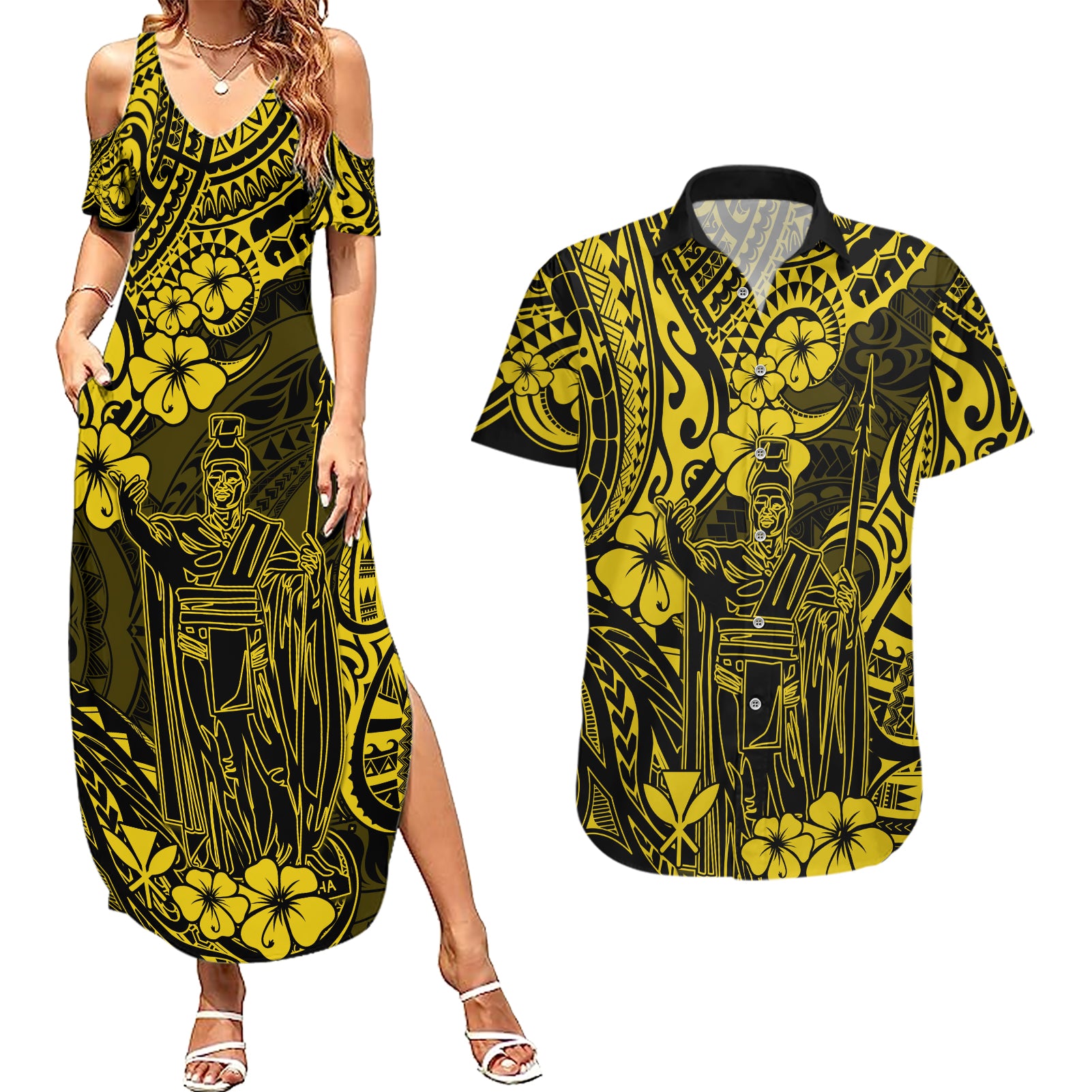 Hawaii King Kamehameha Couples Matching Summer Maxi Dress and Hawaiian Shirt Polynesian Pattern Yellow Version LT01 Yellow - Polynesian Pride