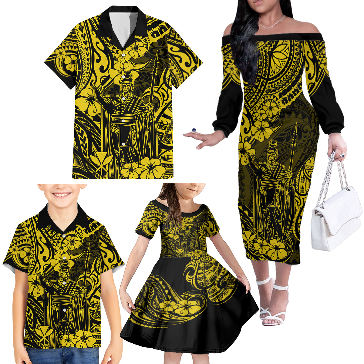Hawaii King Kamehameha Family Matching Off Shoulder Long Sleeve Dress and Hawaiian Shirt Polynesian Pattern Yellow Version LT01 - Polynesian Pride