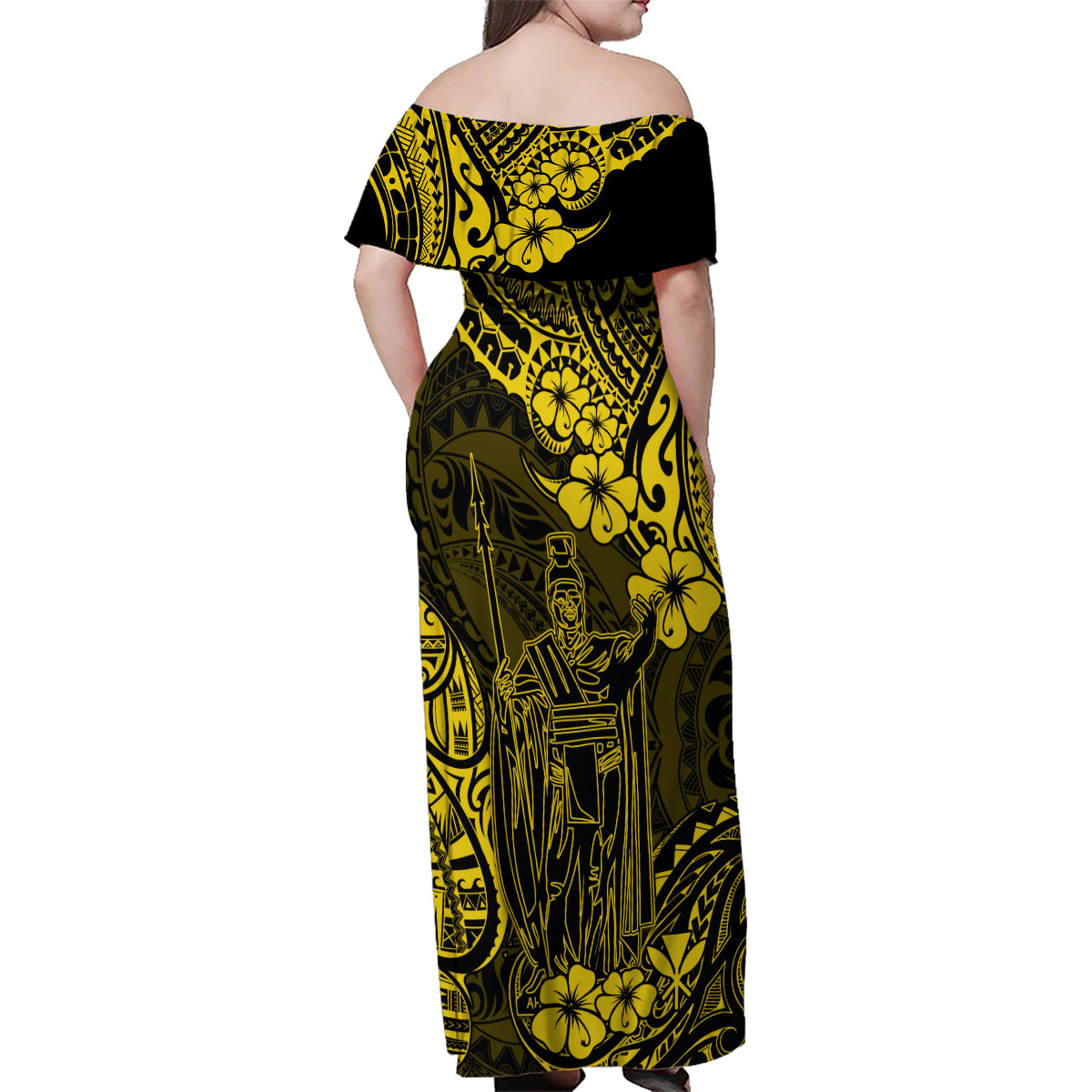 Hawaii King Kamehameha Family Matching Off Shoulder Maxi Dress and Hawaiian Shirt Polynesian Pattern Yellow Version LT01 - Polynesian Pride