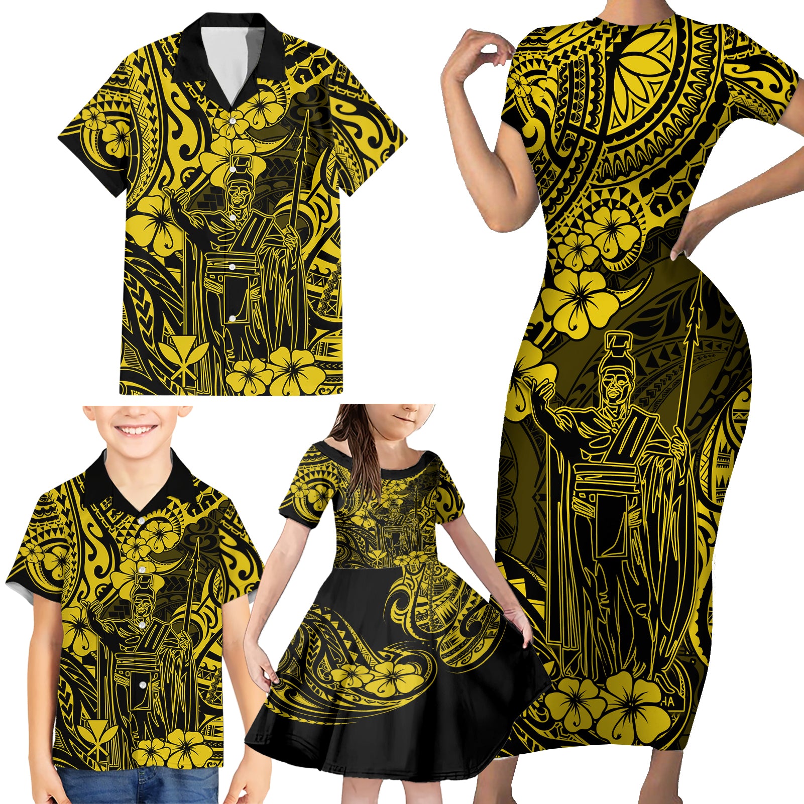 Hawaii King Kamehameha Family Matching Short Sleeve Bodycon Dress and Hawaiian Shirt Polynesian Pattern Yellow Version LT01 - Polynesian Pride