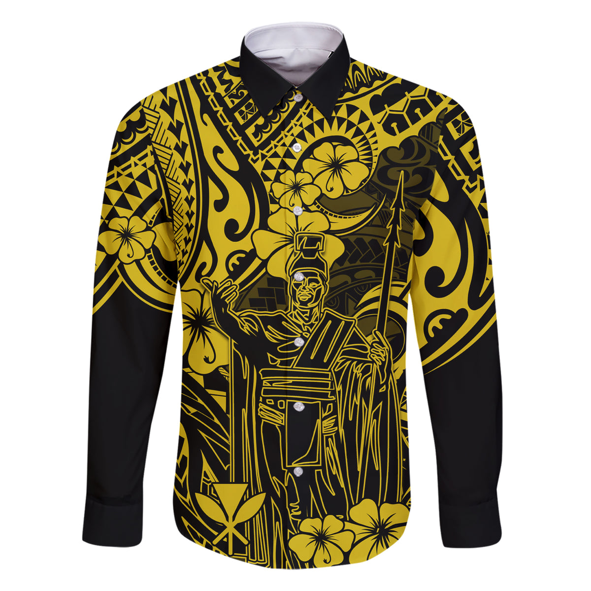 Hawaii King Kamehameha Family Matching Short Sleeve Bodycon Dress and Hawaiian Shirt Polynesian Pattern Yellow Version LT01 Dad's Shirt - Long Sleeve Yellow - Polynesian Pride